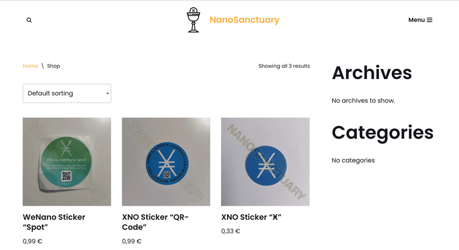 NanoSanctuary shop page selling XNO stickers