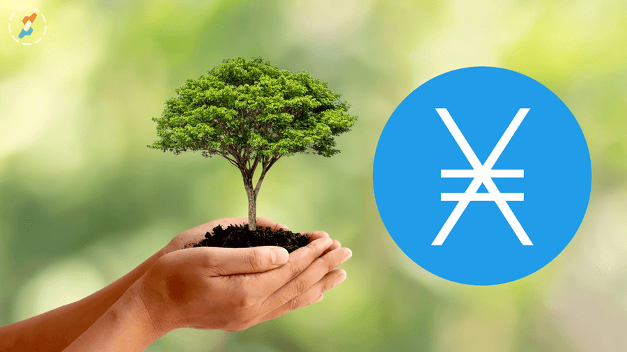 Hands holding a small tree beside the Ӿ symbol