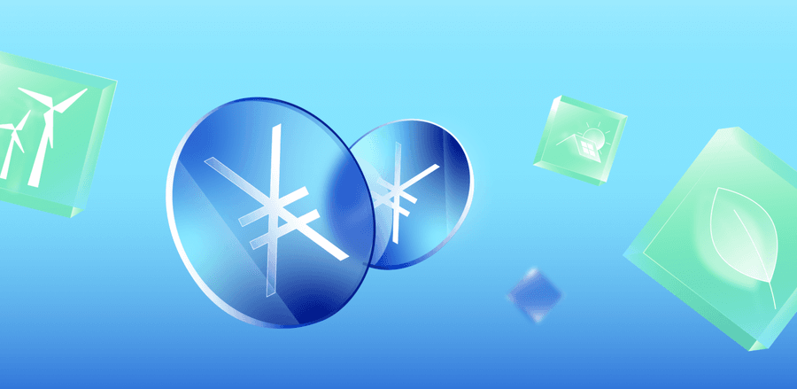 Illustration of blue Ӿ coins with wind turbines