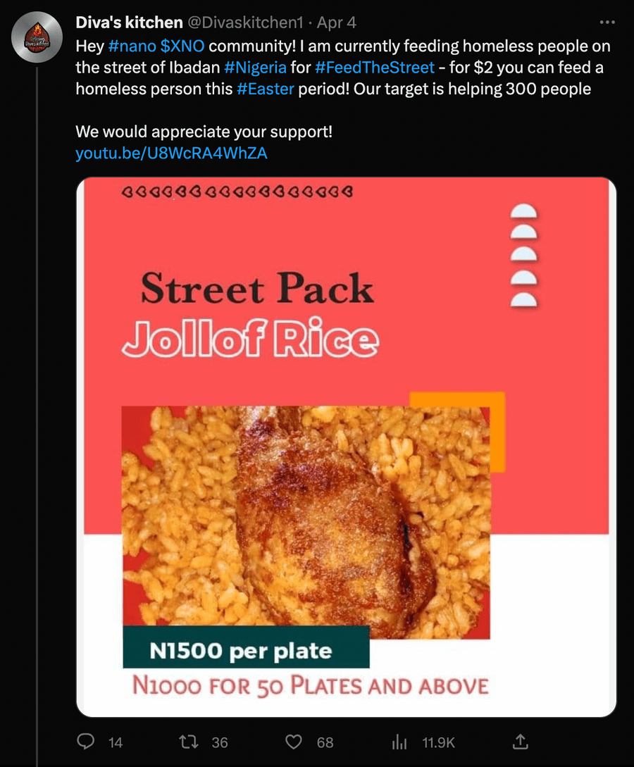 Diva's Kitchen tweet asking for support to feed 300 homeless people in Ibadan, with a Street Pack Jollof Rice flyer at N1500 per plate