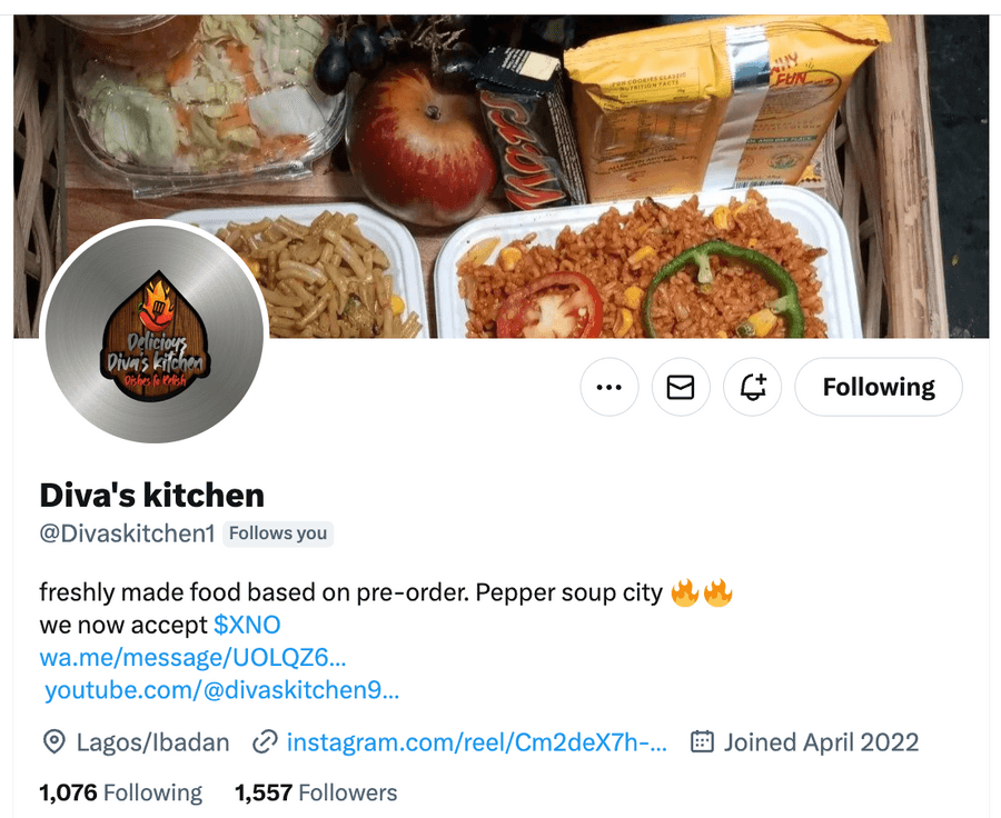 Diva's Kitchen Twitter profile showing that it accepts $XNO
