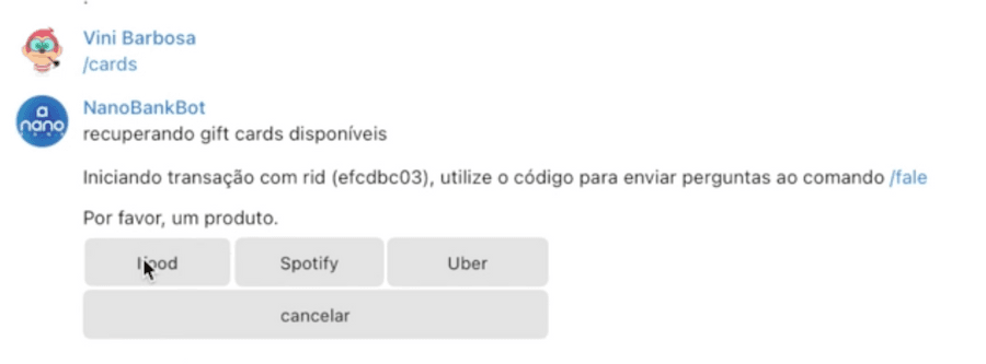 NanoBankBot chat offering gift cards for iFood, Spotify and Uber