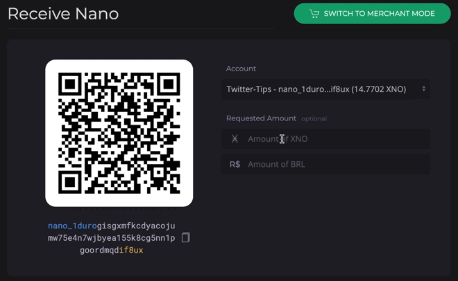 Nault wallet Receive Nano screen with a QR code and amount fields in XNO and Brazilian reais