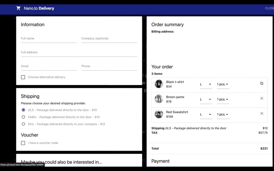 Nano.to Delivery checkout form with shipping options and an order summary