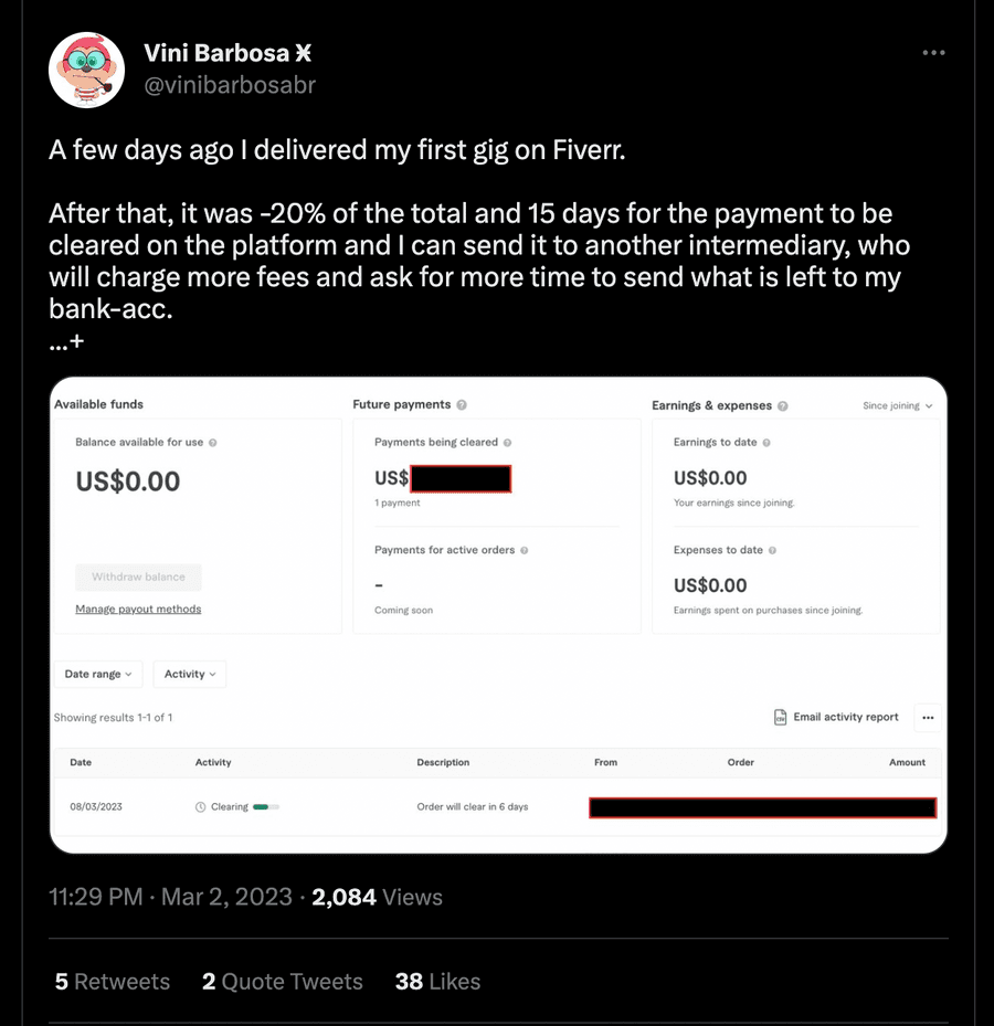Tweet by Vini Barbosa about waiting 15 days for a Fiverr payment, with a dashboard of fees and pending funds