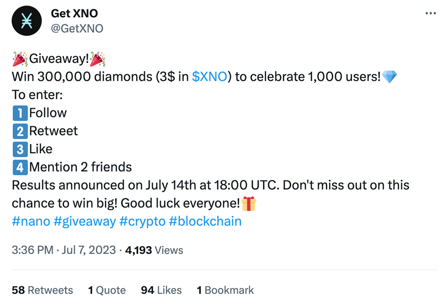 Get XNO giveaway tweet celebrating 1,000 users