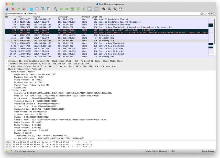 Wireshark capture of nano node network traffic showing a telemetry message