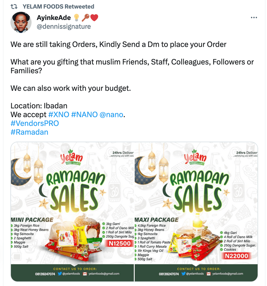 Tweet from a food vendor in Ibadan accepting XNO, with Ramadan sales flyers