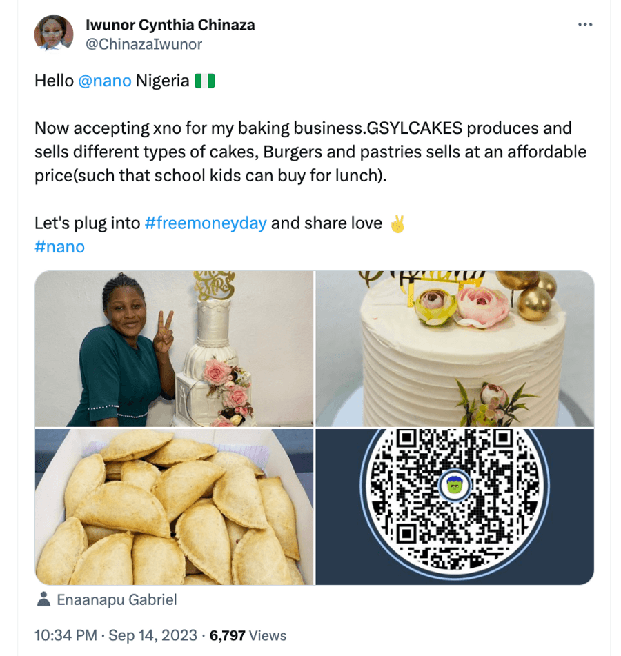 Tweet from Iwunor Cynthia Chinaza saying her baking business now accepts XNO, with photos of cakes and pastries and a payment QR code