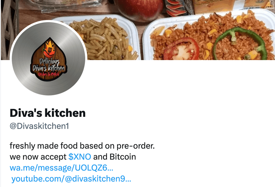 Diva's Kitchen Twitter profile: we now accept $XNO and Bitcoin
