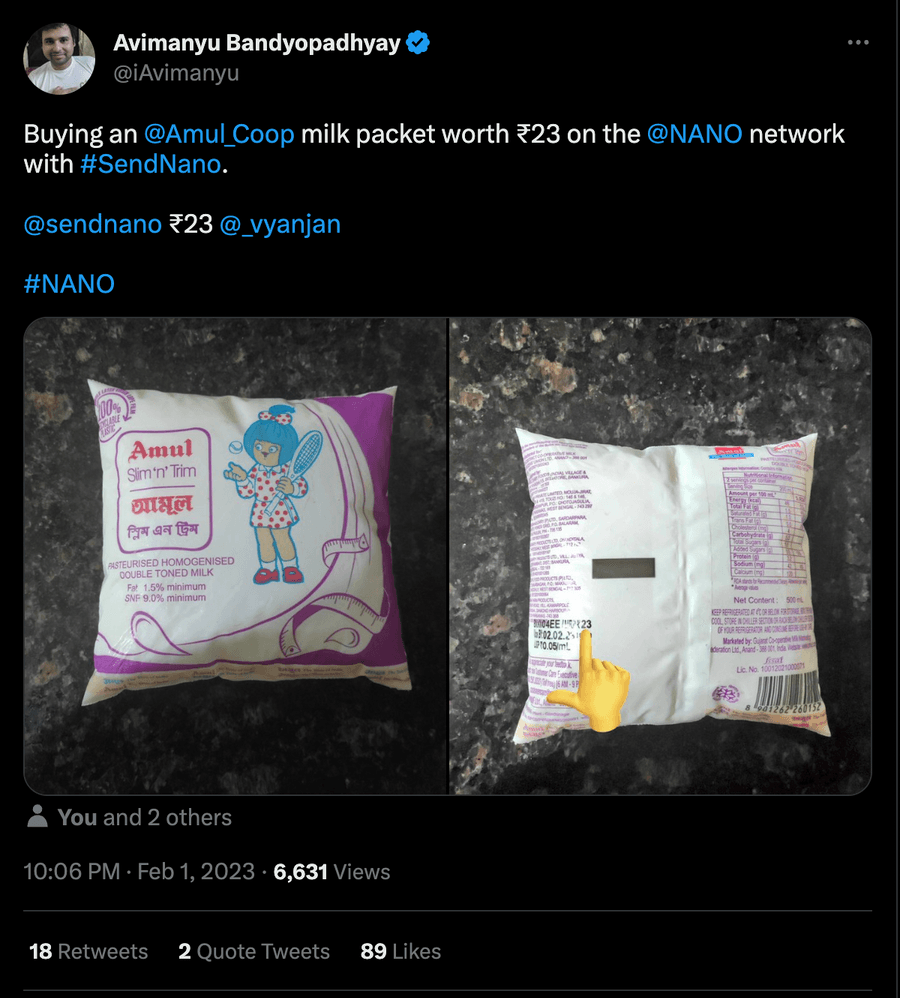 Tweet by Avimanyu Bandyopadhyay buying a ₹23 packet of milk with nano, with photos of the packet