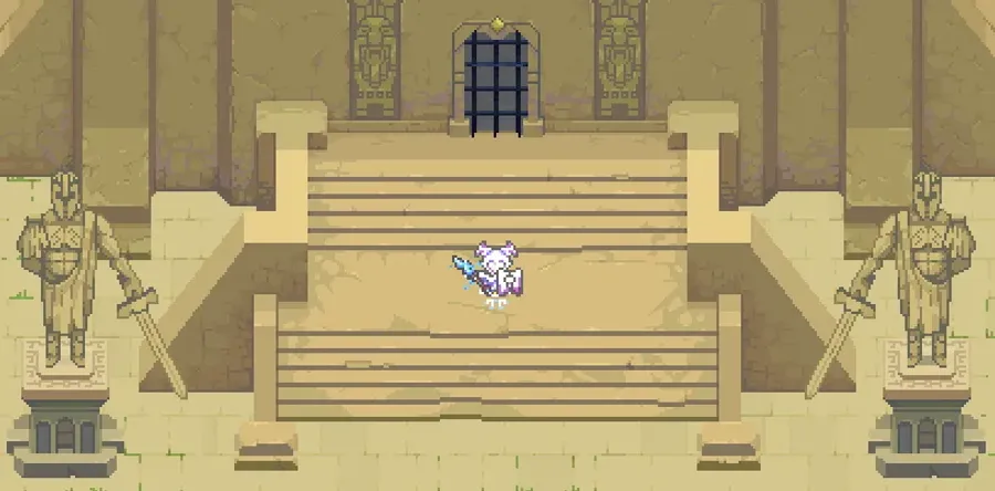 Pixel-art game scene of a character inside a temple