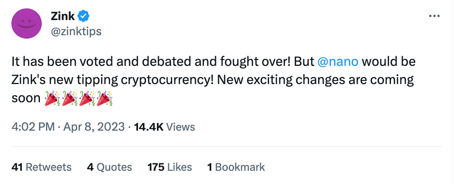 Zink tweet announcing nano as its new tipping cryptocurrency