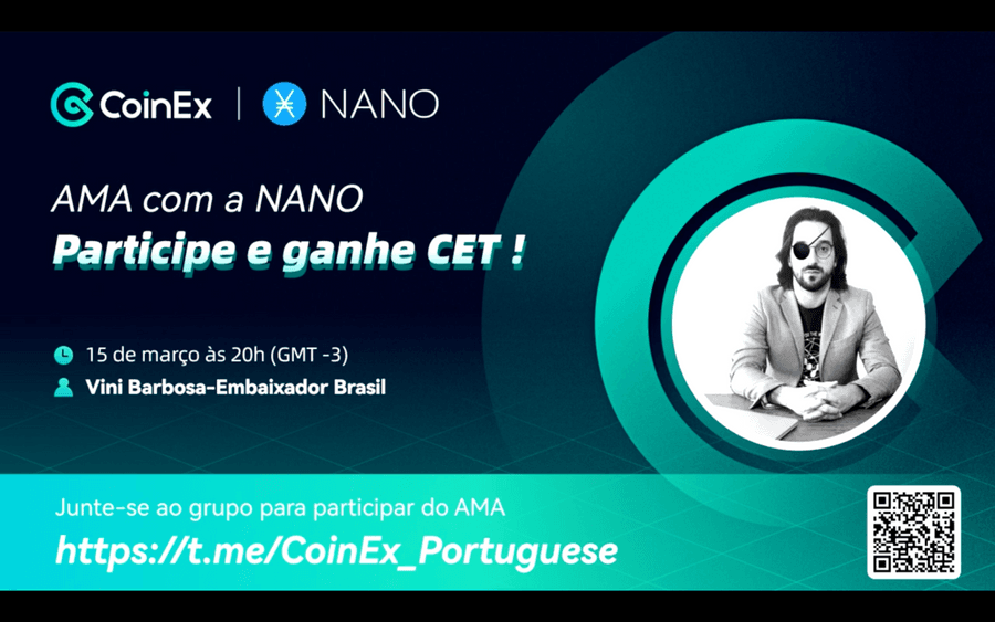 Poster in Portuguese for a CoinEx AMA with Nano, featuring Vini Barbosa