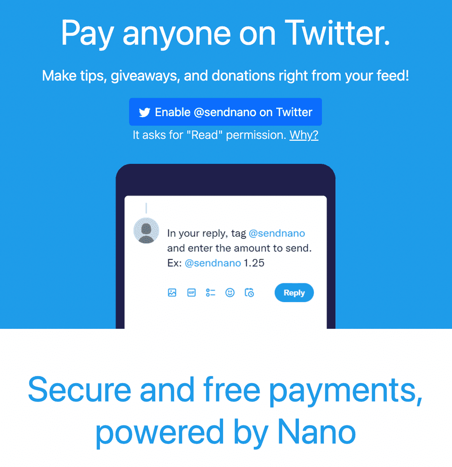 Sendnano promotion: Pay anyone on Twitter. Secure and free payments, powered by Nano