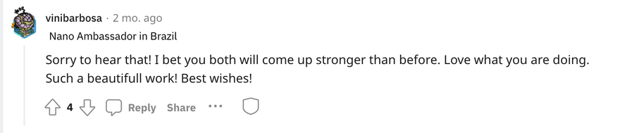Comment from vinibarbosa offering support and best wishes