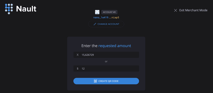 Nault merchant mode screen for entering a requested amount and creating a QR code