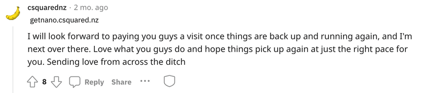 Comment from csquarednz promising to visit and pay once things are running again