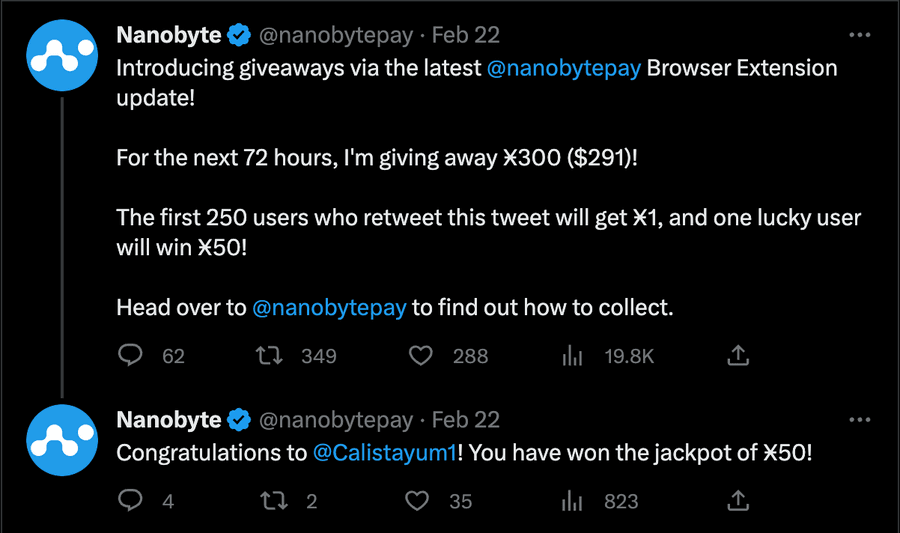 Nanobyte tweets announcing a Ӿ300 giveaway and congratulating the Ӿ50 winner