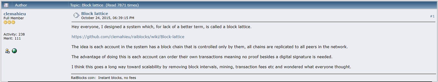 Colin LeMahieu's bitcointalk.org post titled Block lattice, dated October 24, 2015, introducing a system where each account has its own blockchain, with no mining or transaction fees