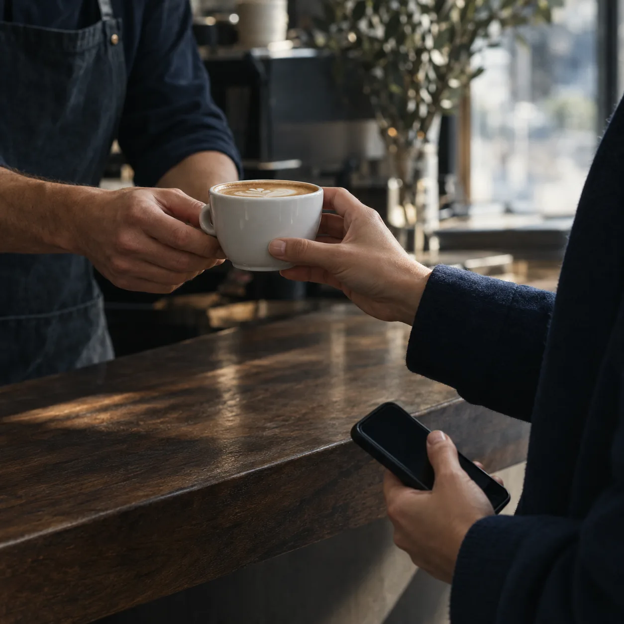 مشهد توضيحي في مقهى: باريستا يسلّم قهوةً إلى عميل